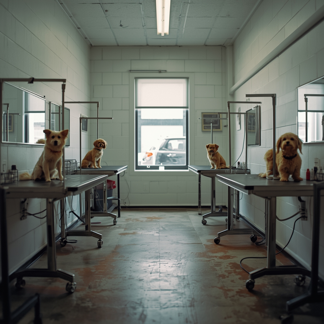 Four types of professional dog grooming tables side by side