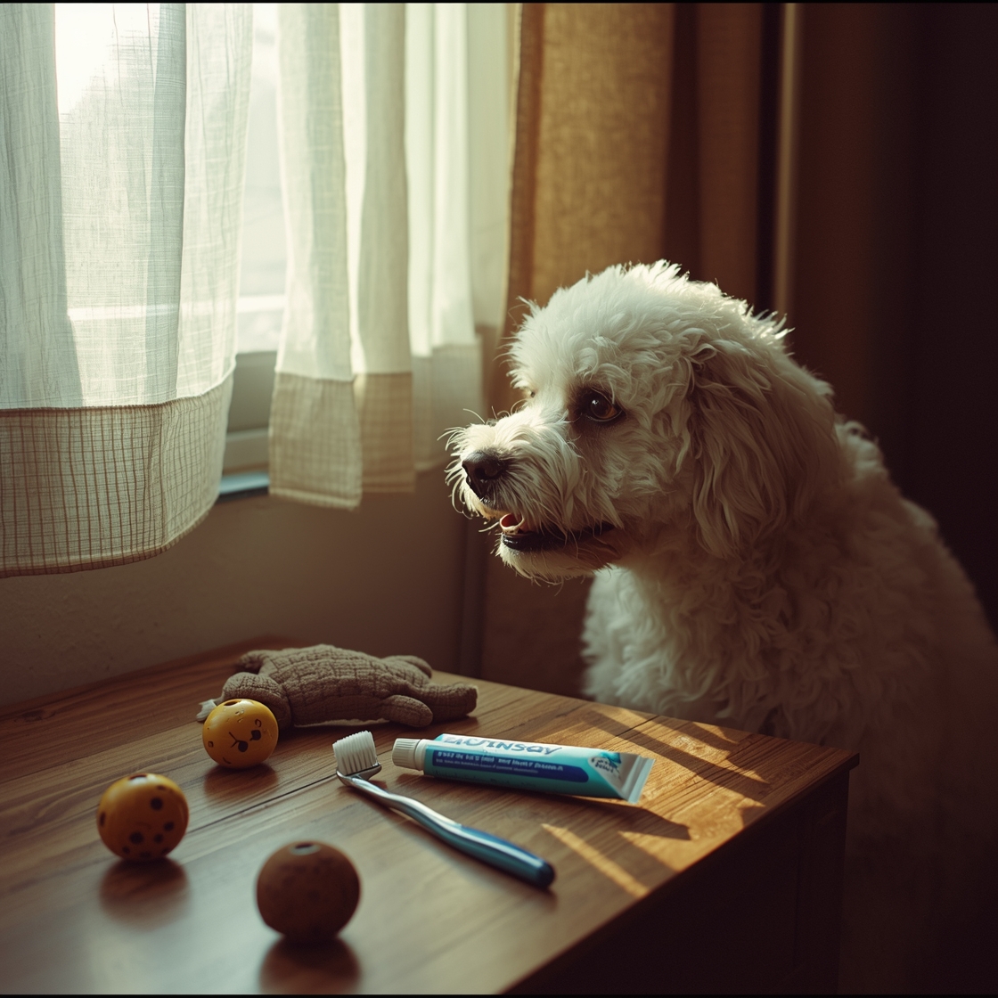 Dog toothbrush and toothpaste kit on a grooming table beside a dog