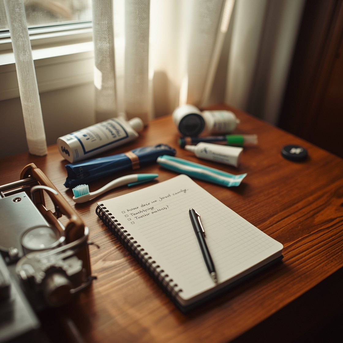 Cluttered desk with dog toothbrushes and toothpaste for pet care