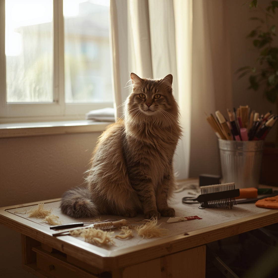Tabby cat on wooden grooming table with deshedding brush