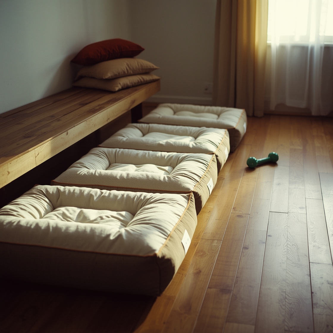 Five orthopedic dog beds for senior dogs on hardwood floor