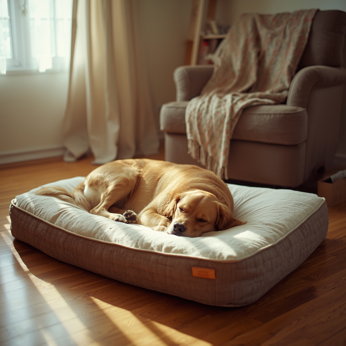 Senior golden retriever on orthopedic dog bed beside armchair