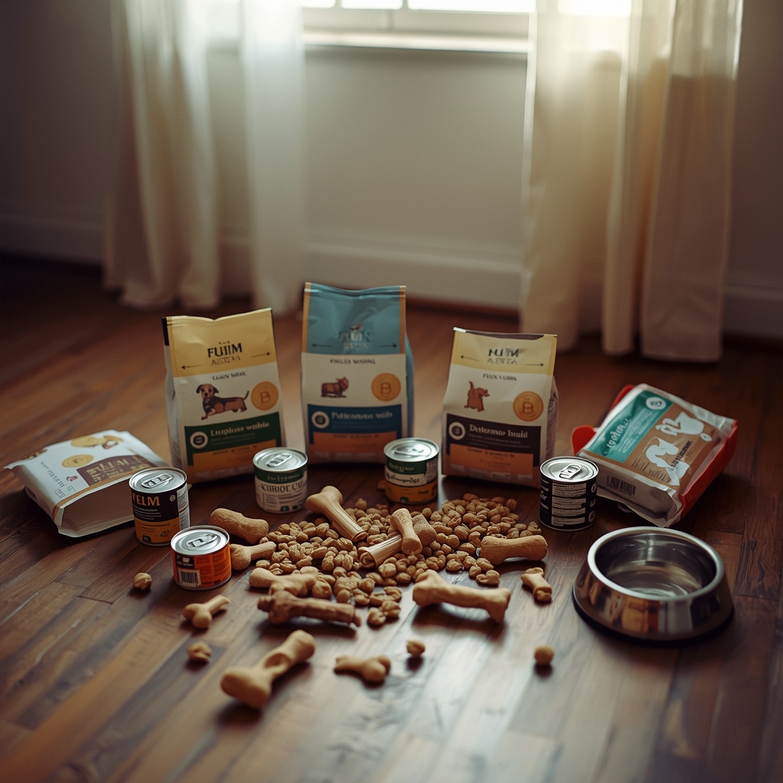 Assortment of dog food on rustic wooden floor with toys