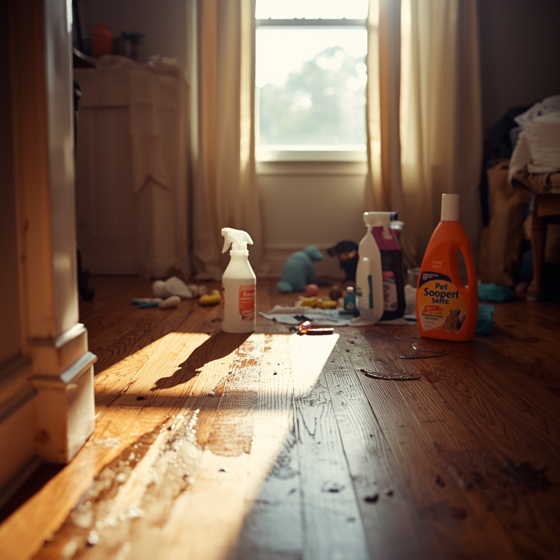 A cluttered hardwood floor with pet stains and cleaning supplies