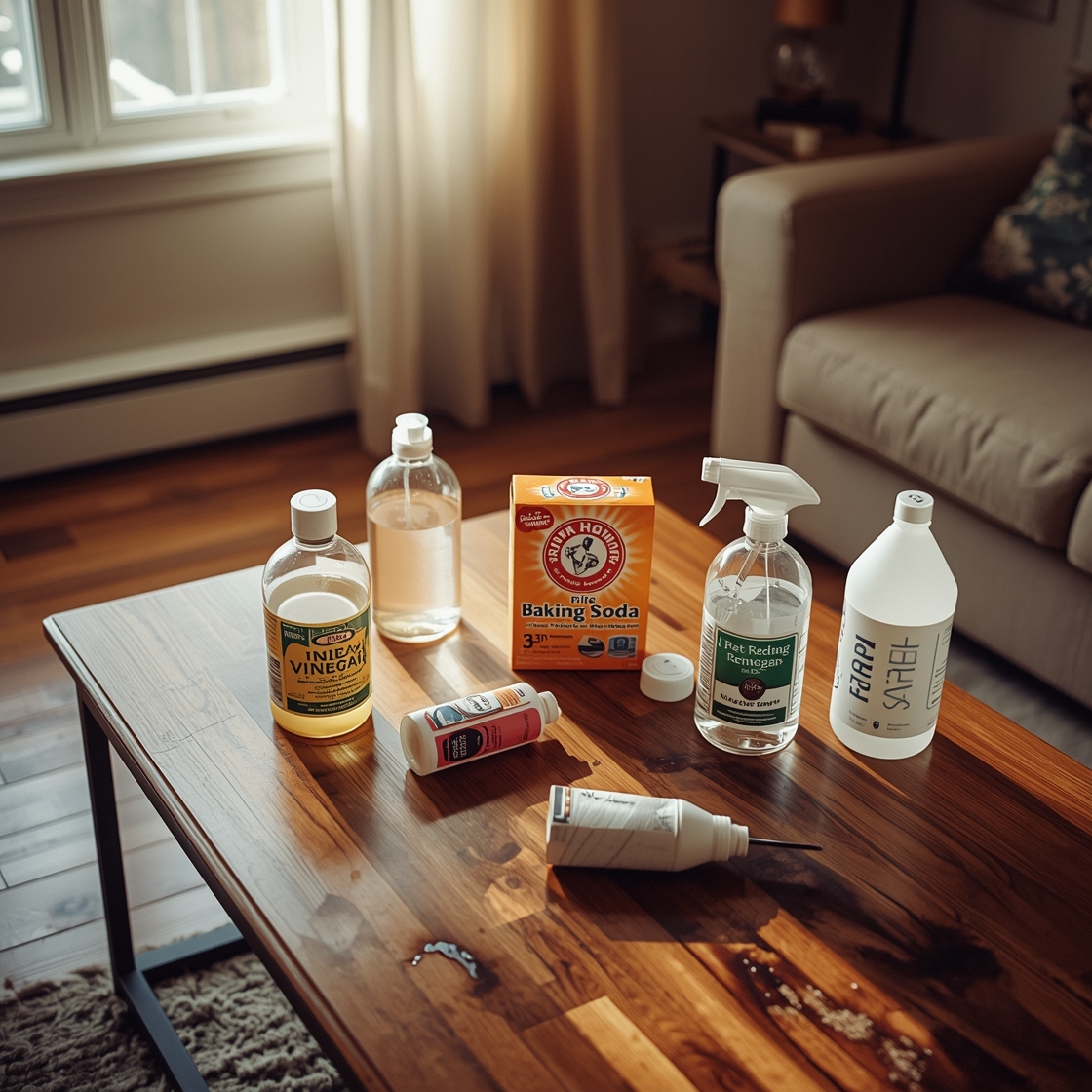 Pet stain remover products on hardwood floor with various prices
