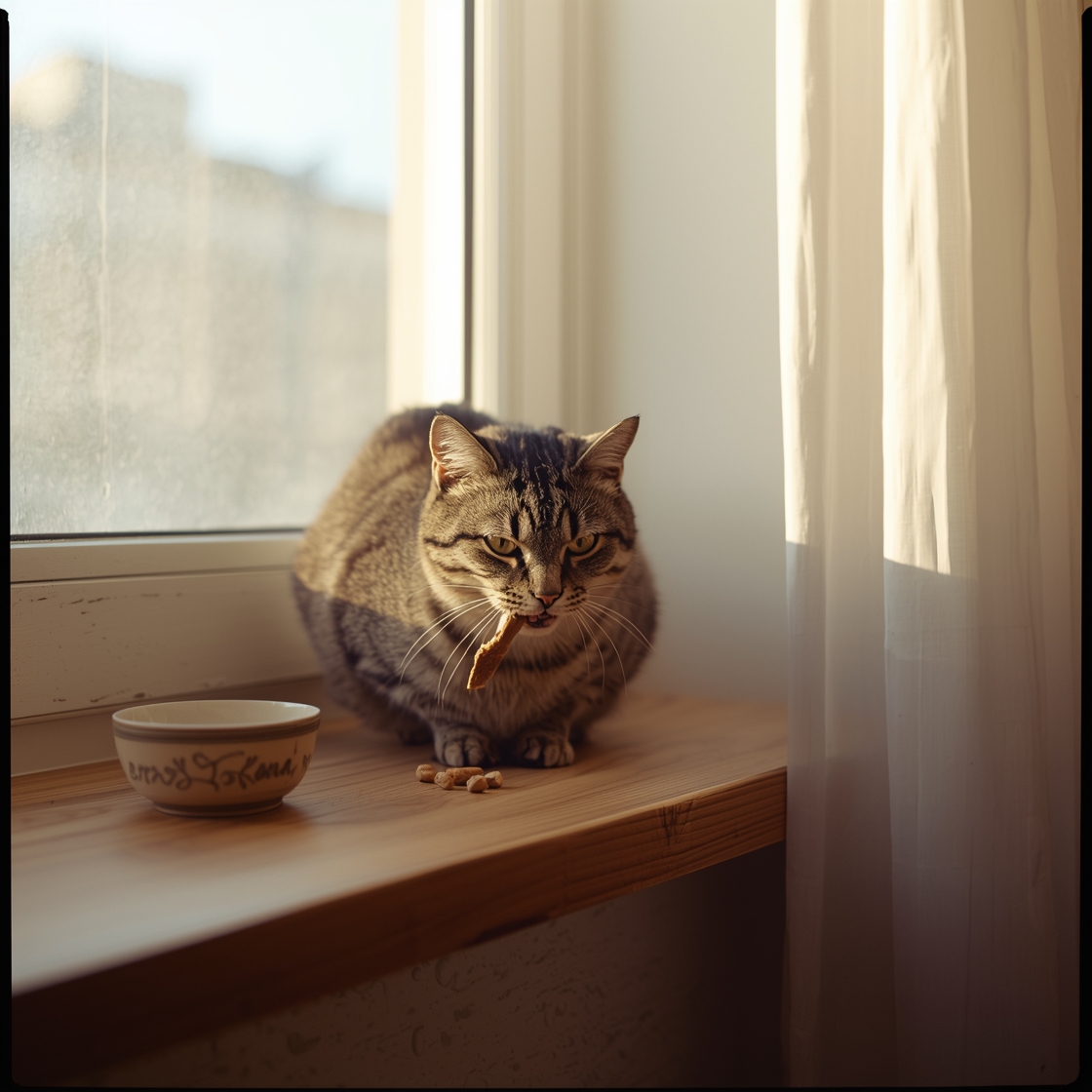 Tabby cat enjoying dental treat on wooden countertop