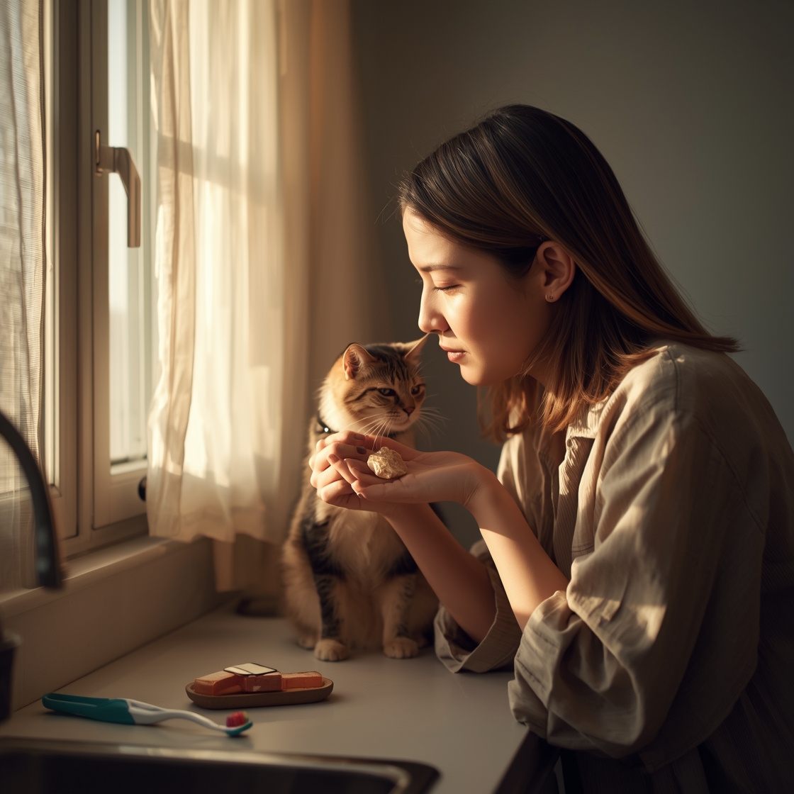 Concerned cat owner examining dental treat in modern kitchen