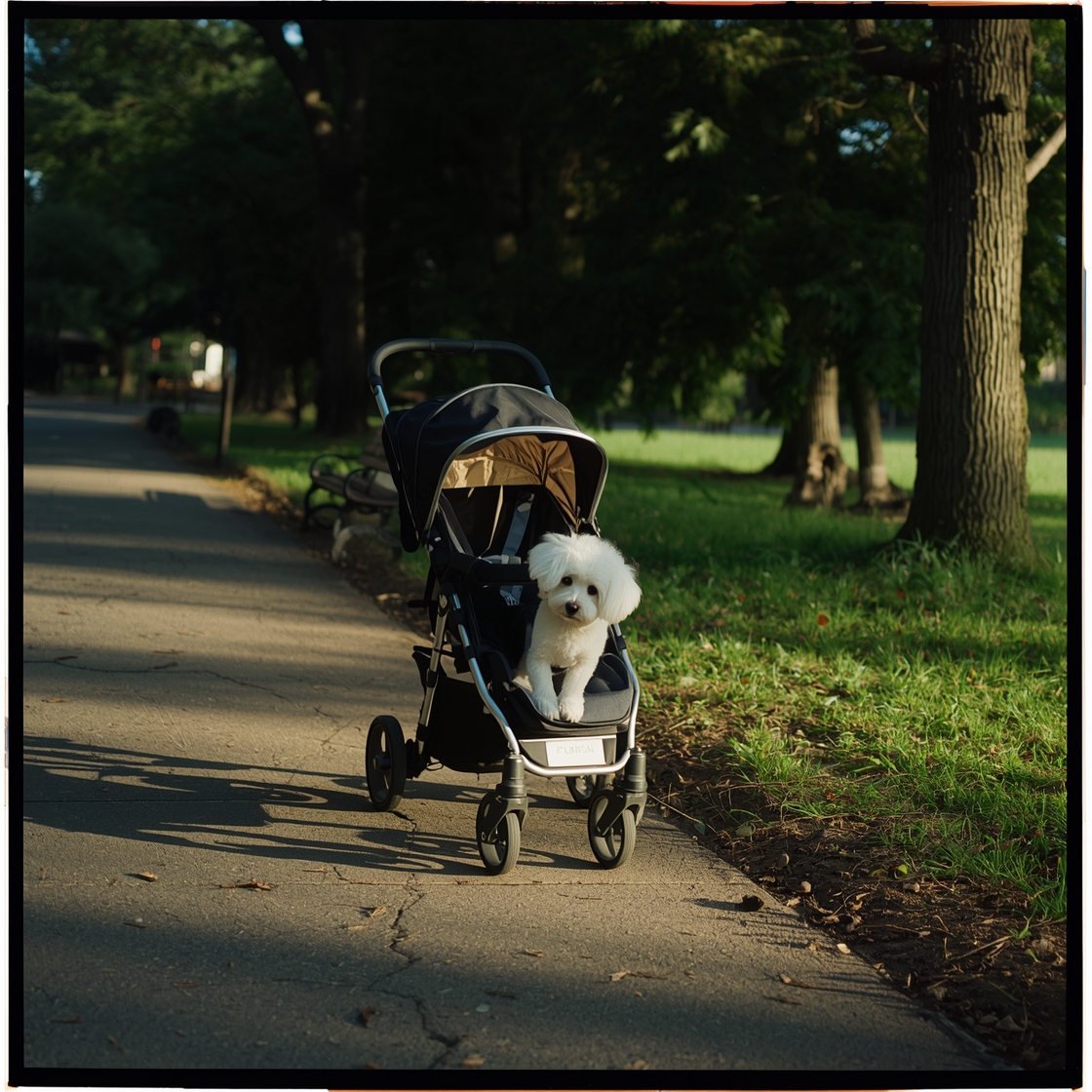 Pet stroller for small dogs on a park sidewalk