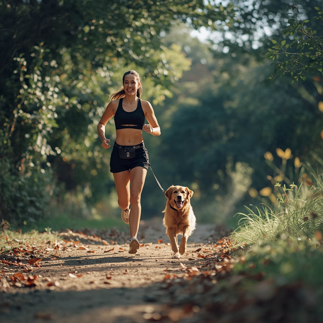 Hands-free dog leash for running with happy golden retriever