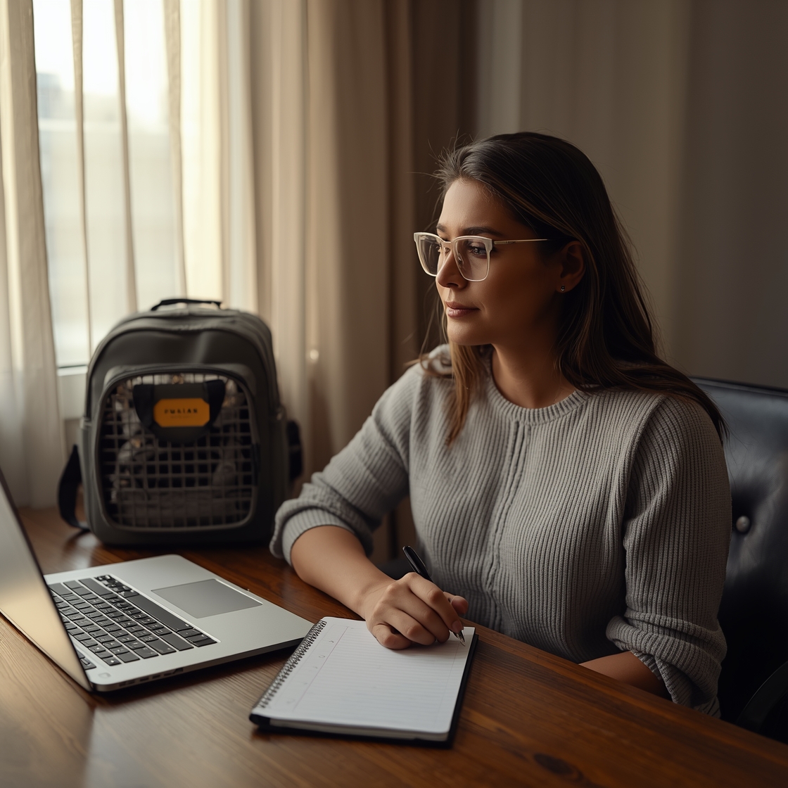 Woman verifying security of dog carrier backpack on laptop