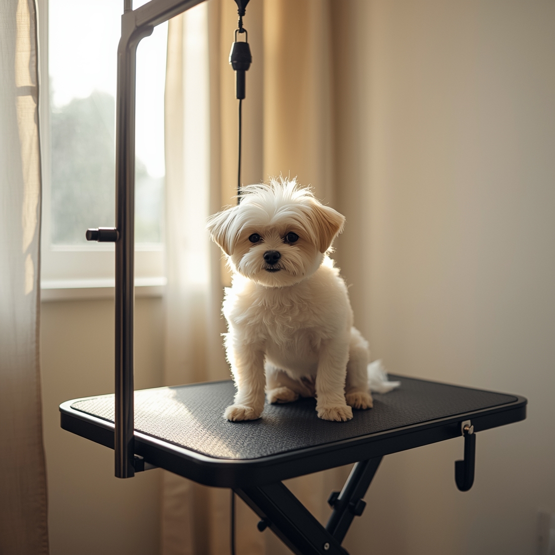 Compact pet grooming table with small white dog in home setting