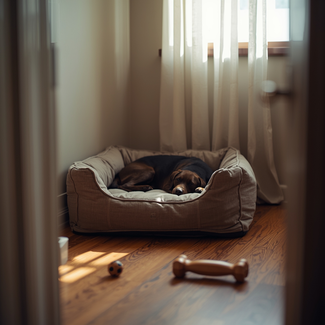 Durable dog bed for chewers on hardwood floor with toys