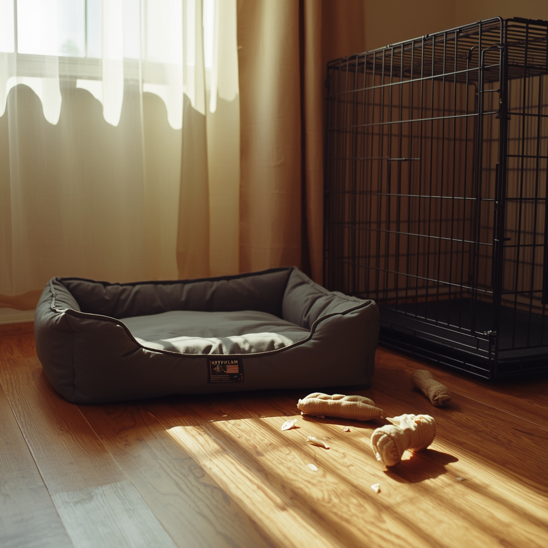 Durable dog bed for chewers on hardwood floor beside crate