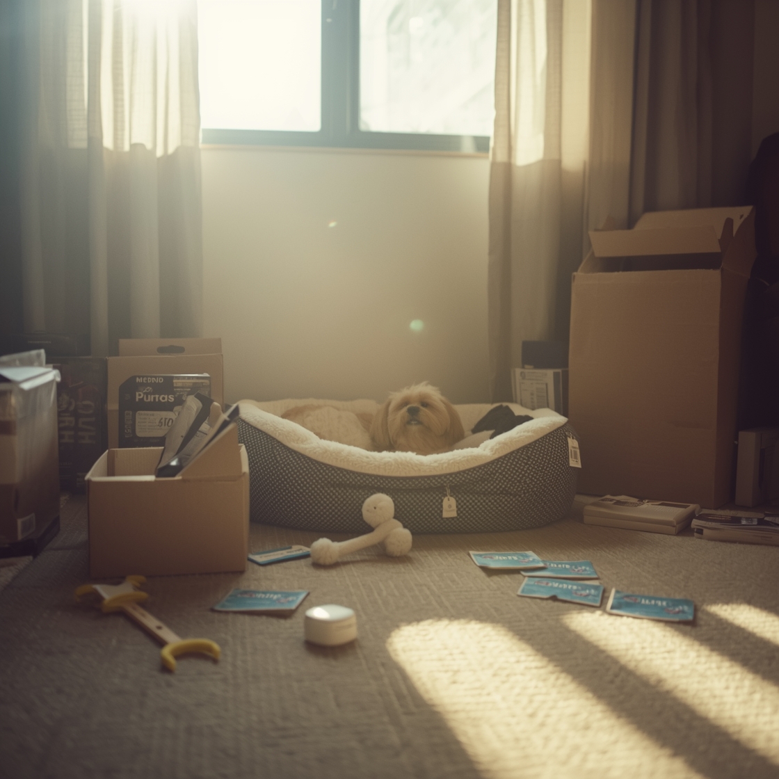 A worn dog bed amidst ripped packaging and dog toys on floor