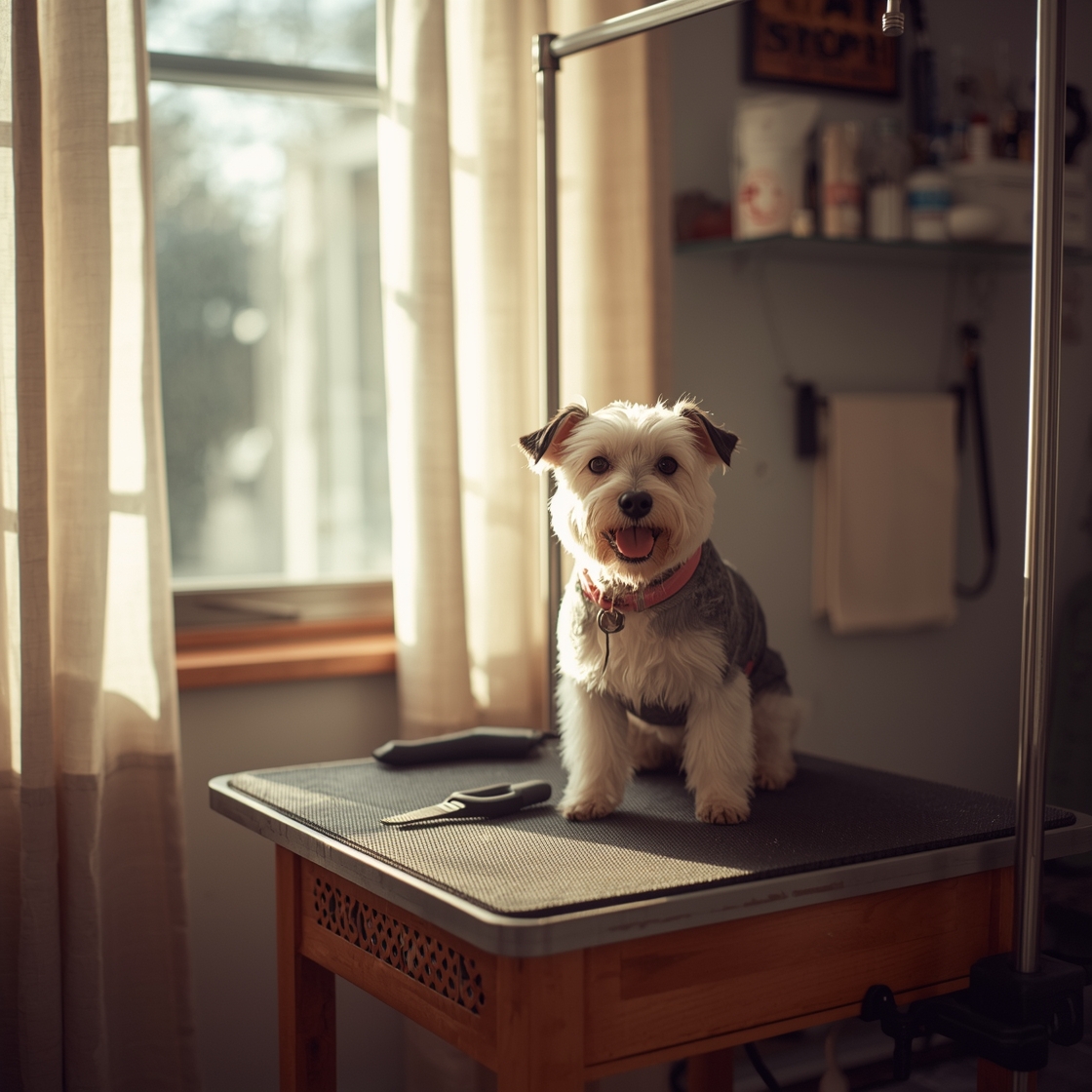 Affordable dog grooming kit on a wooden table with a happy terrier