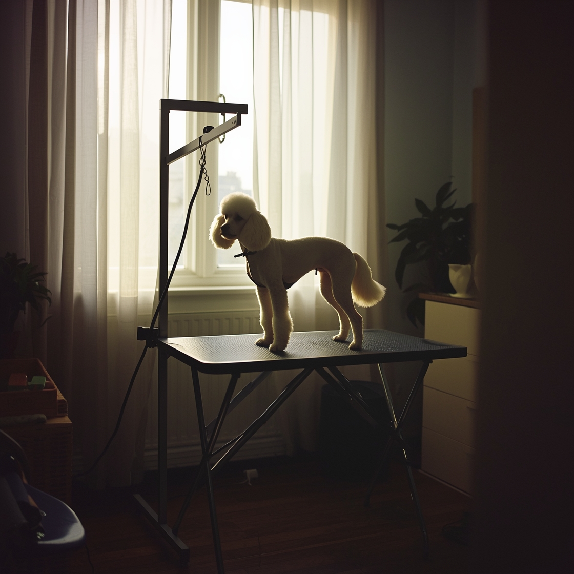 Foldable dog grooming table with a small white poodle