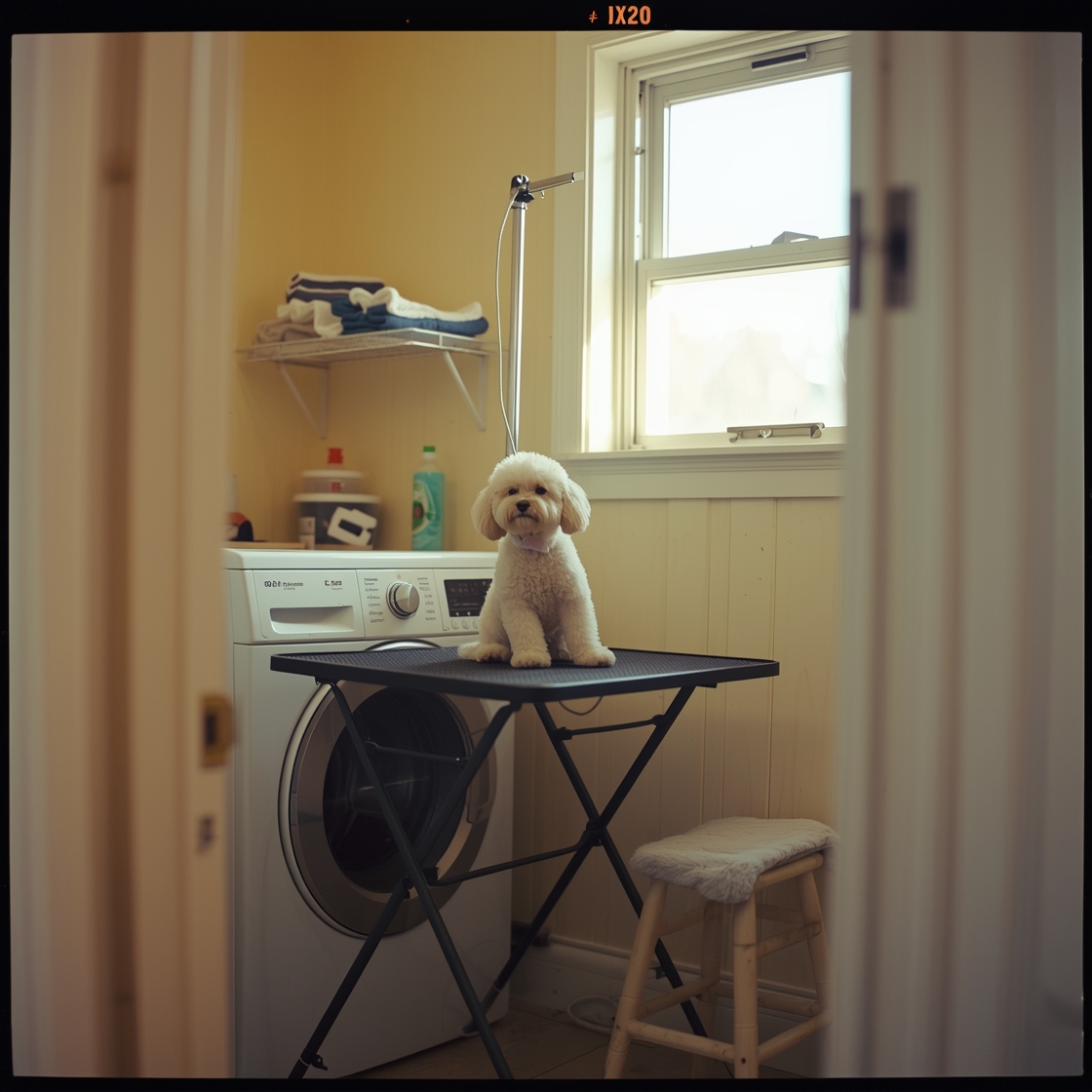 Foldable dog grooming table in small laundry room setup