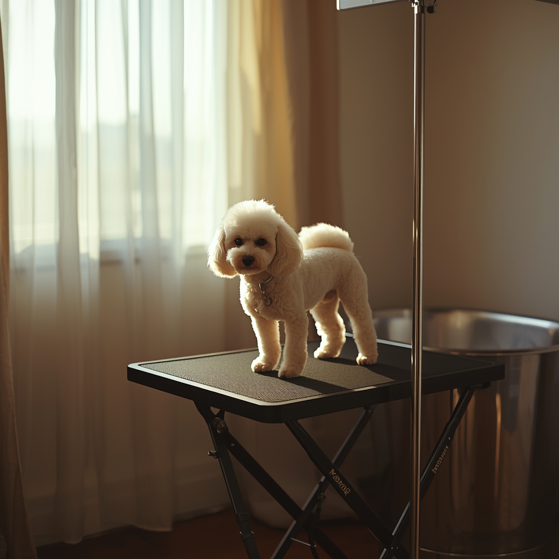 Foldable dog grooming table with poodle in home grooming station