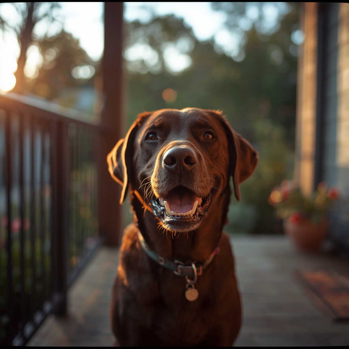 Labrador Retriever wearing flea collar on wooden porch