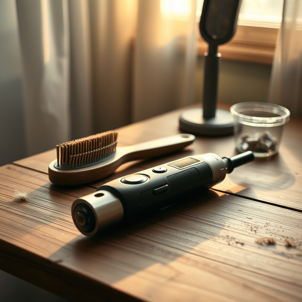 Cordless dog nail grinder on wooden grooming table