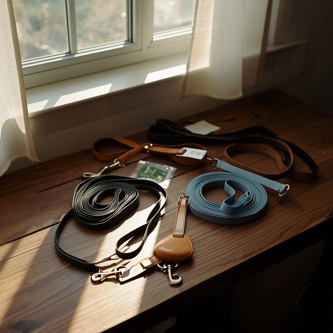 Dog leashes laid out on a workbench with price tags scattered