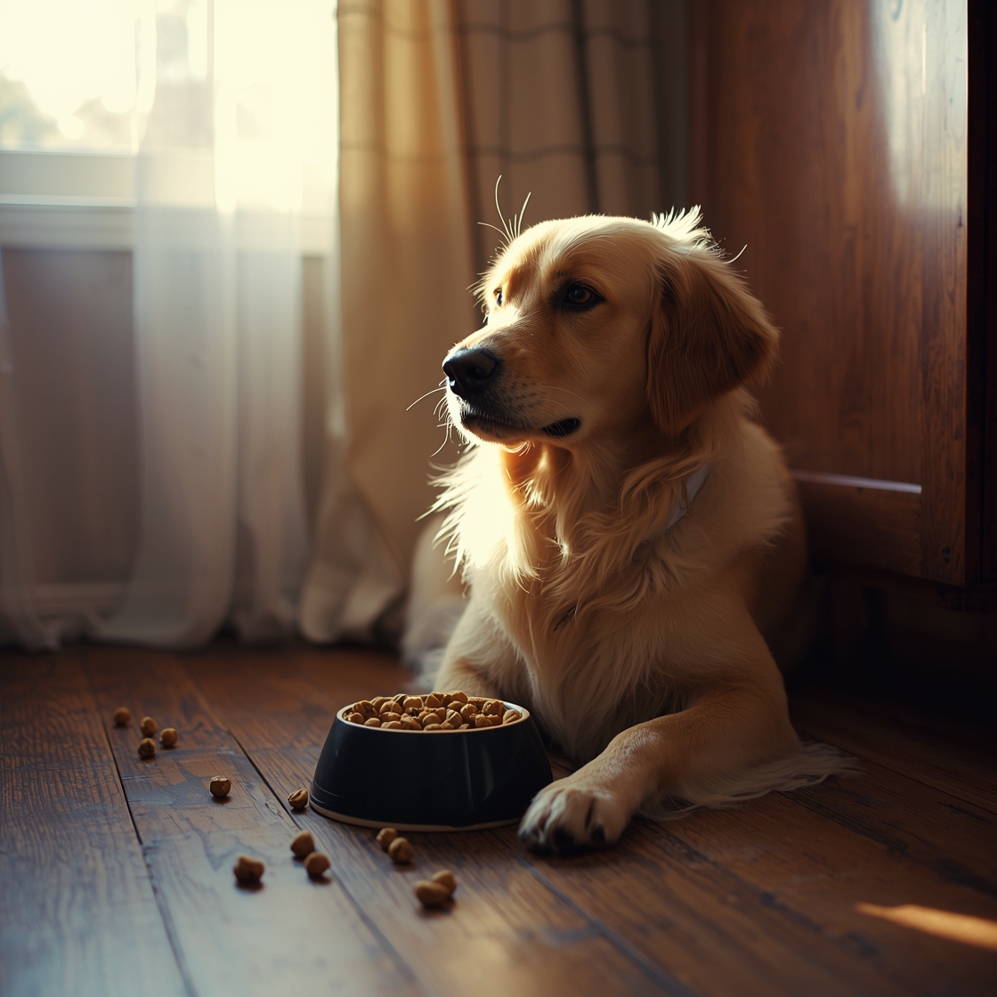 Golden retriever sitting beside a dog food bowl on wooden floor