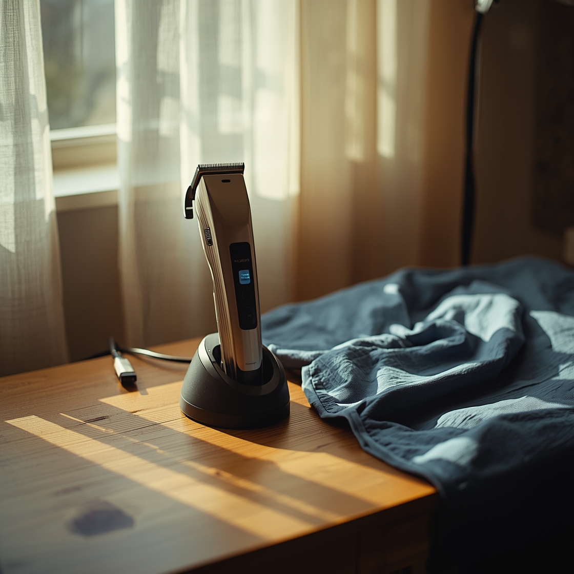 Pet grooming clipper on a wooden grooming table