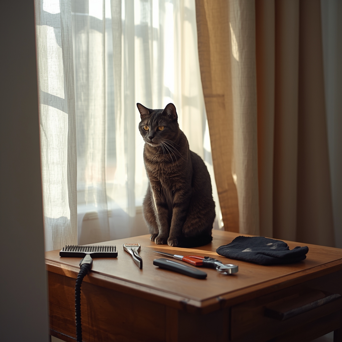 A black cat sits on a wooden grooming table surrounded by cat grooming tools
