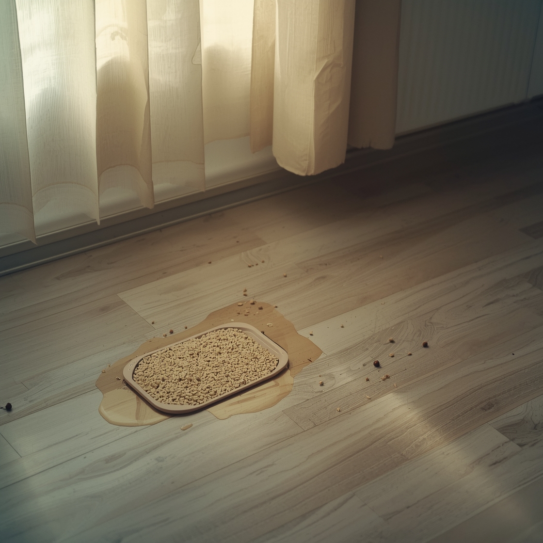 A cluttered cat litter mat on a laminate floor beside a dusty baseboard