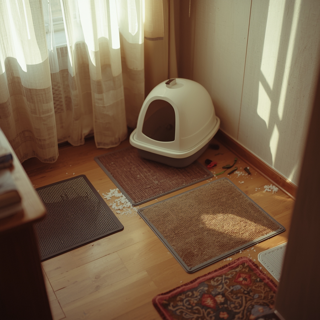 Assorted cat litter mats around a litter box on a floor