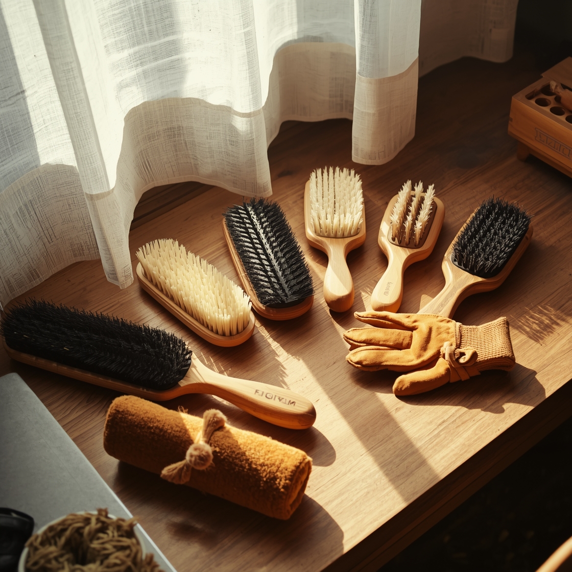 Pet shedding brushes laid out on a wooden desk for comparison