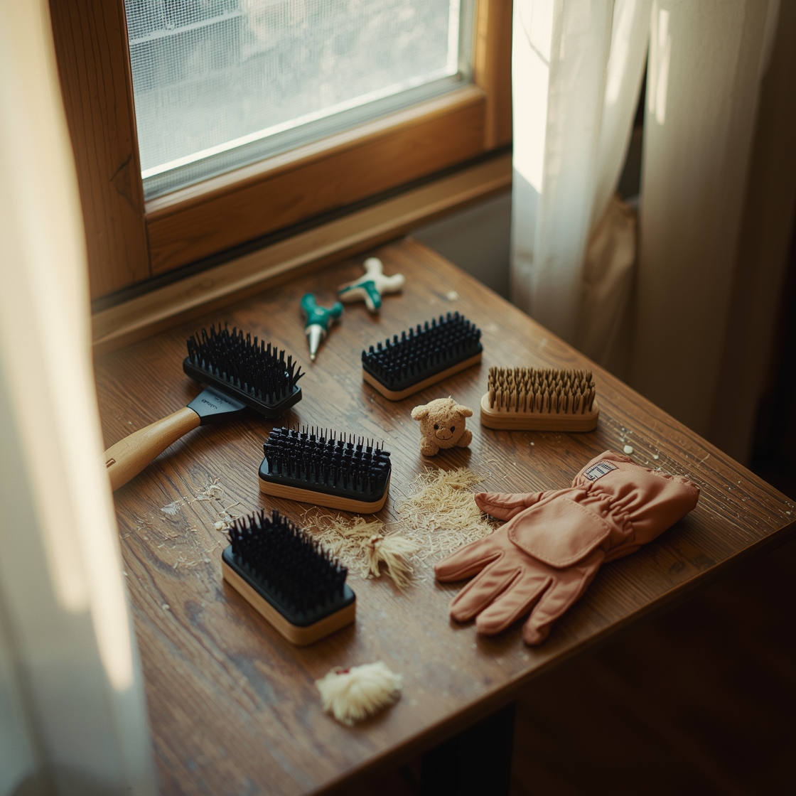Variety of pet shedding brushes on a wooden grooming table