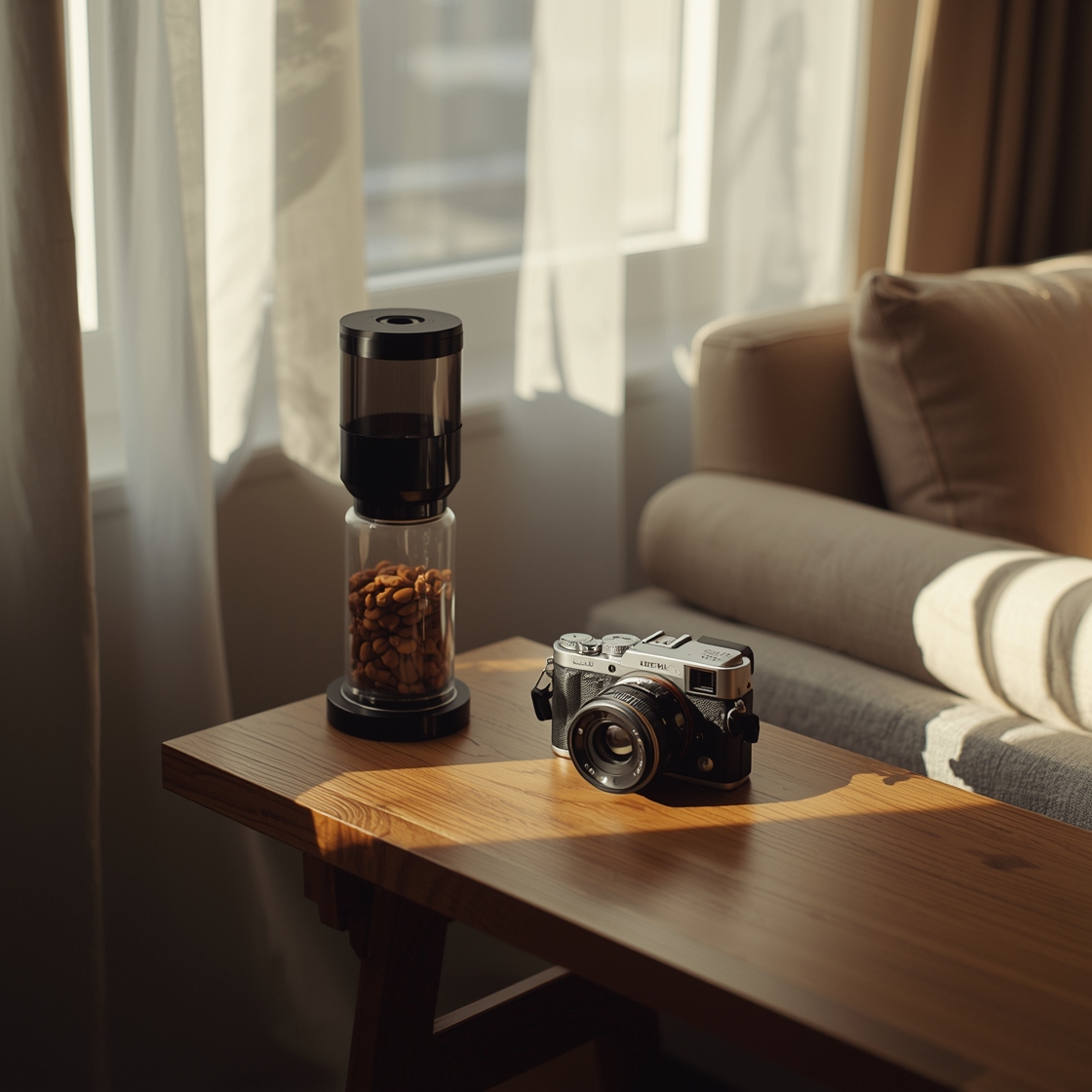 Pet camera with treat dispenser on wooden desk beside couch