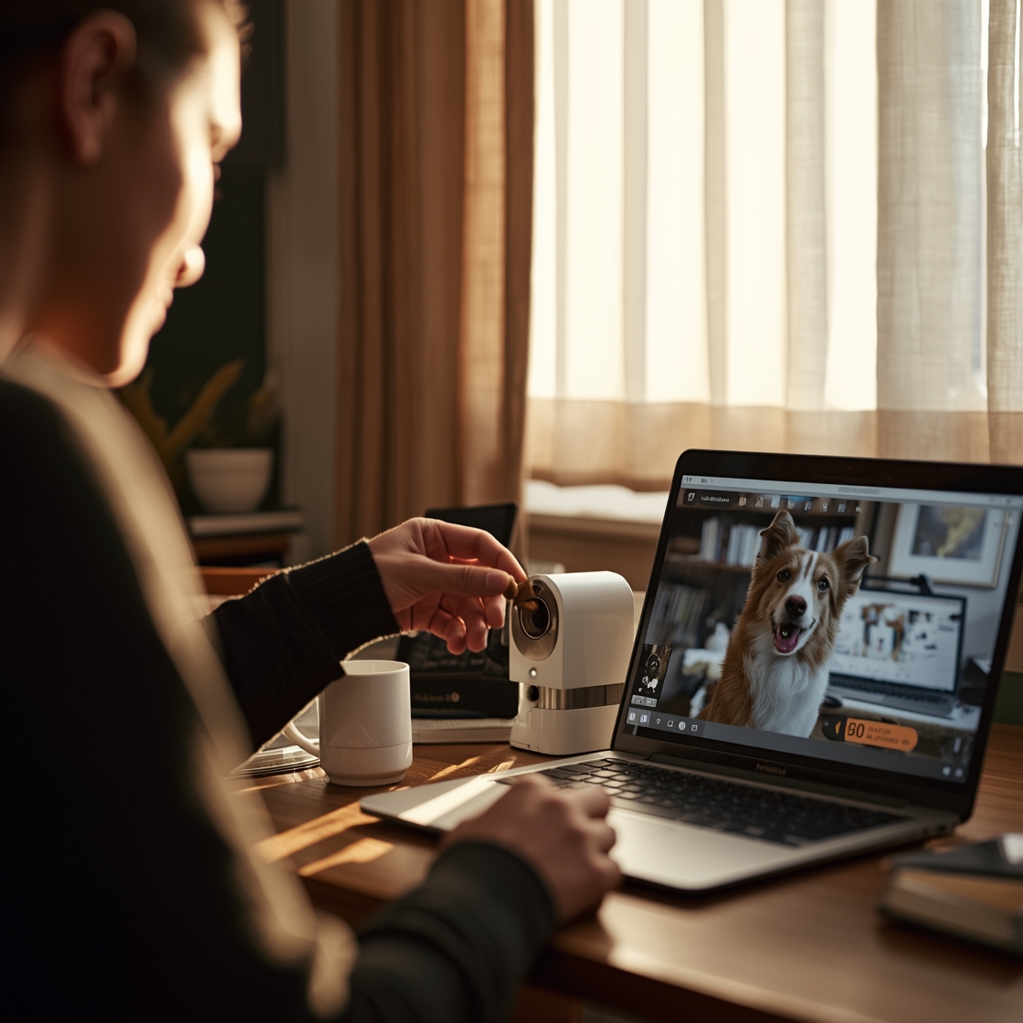 Pet camera with treat dispenser on home office desk