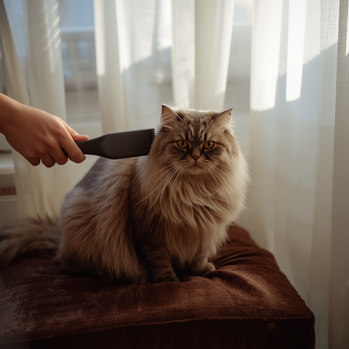 Long haired cat being brushed with slicker brush on velvet cushion