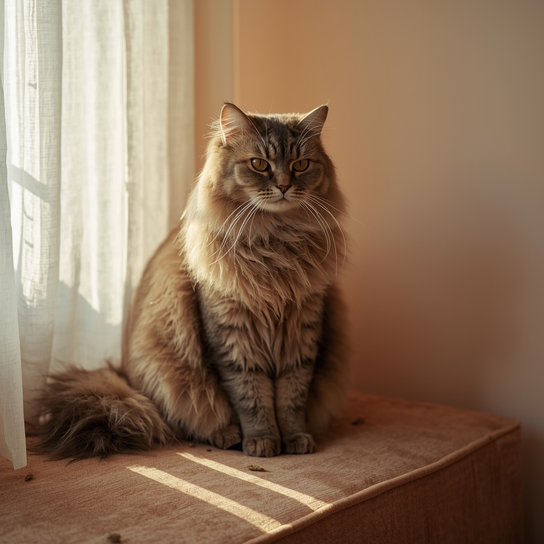 Long-haired cat shedding on velvet cushion, loose hairs scattered