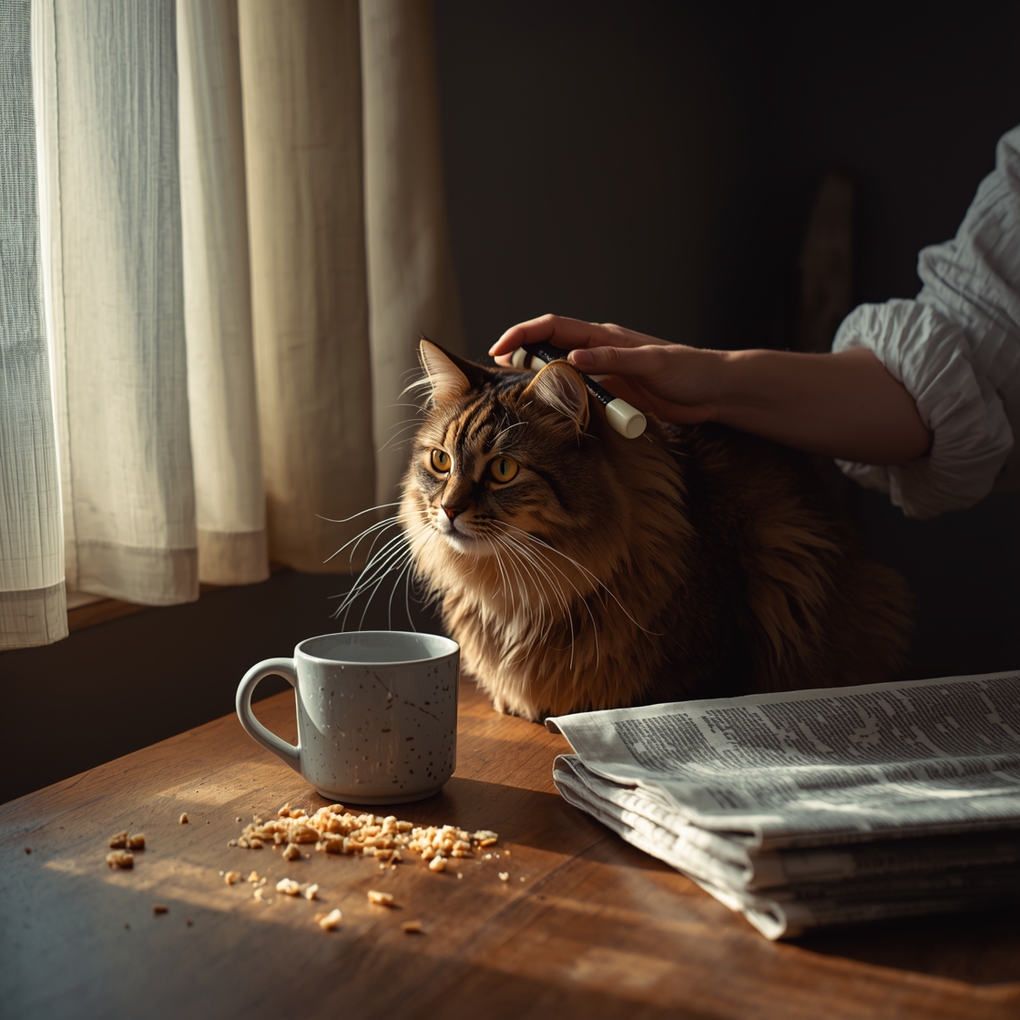 Cat owner gently brushing long-haired tabby cat on farmhouse table