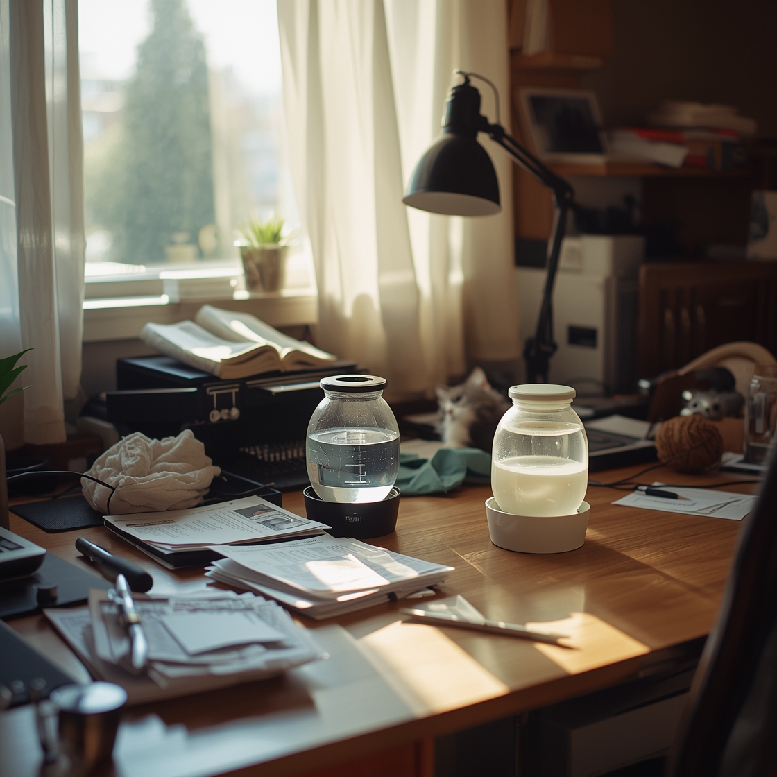 Cluttered home office desk with cat water fountains and testing gear
