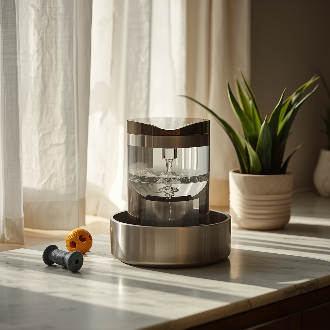 A modern cat water fountain on a clean countertop with toys and plant