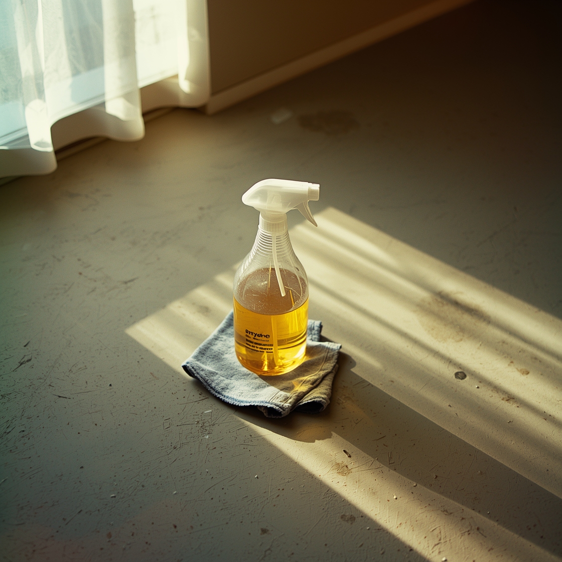 Enzymatic cleaner spray bottle on garage floor with pet stains