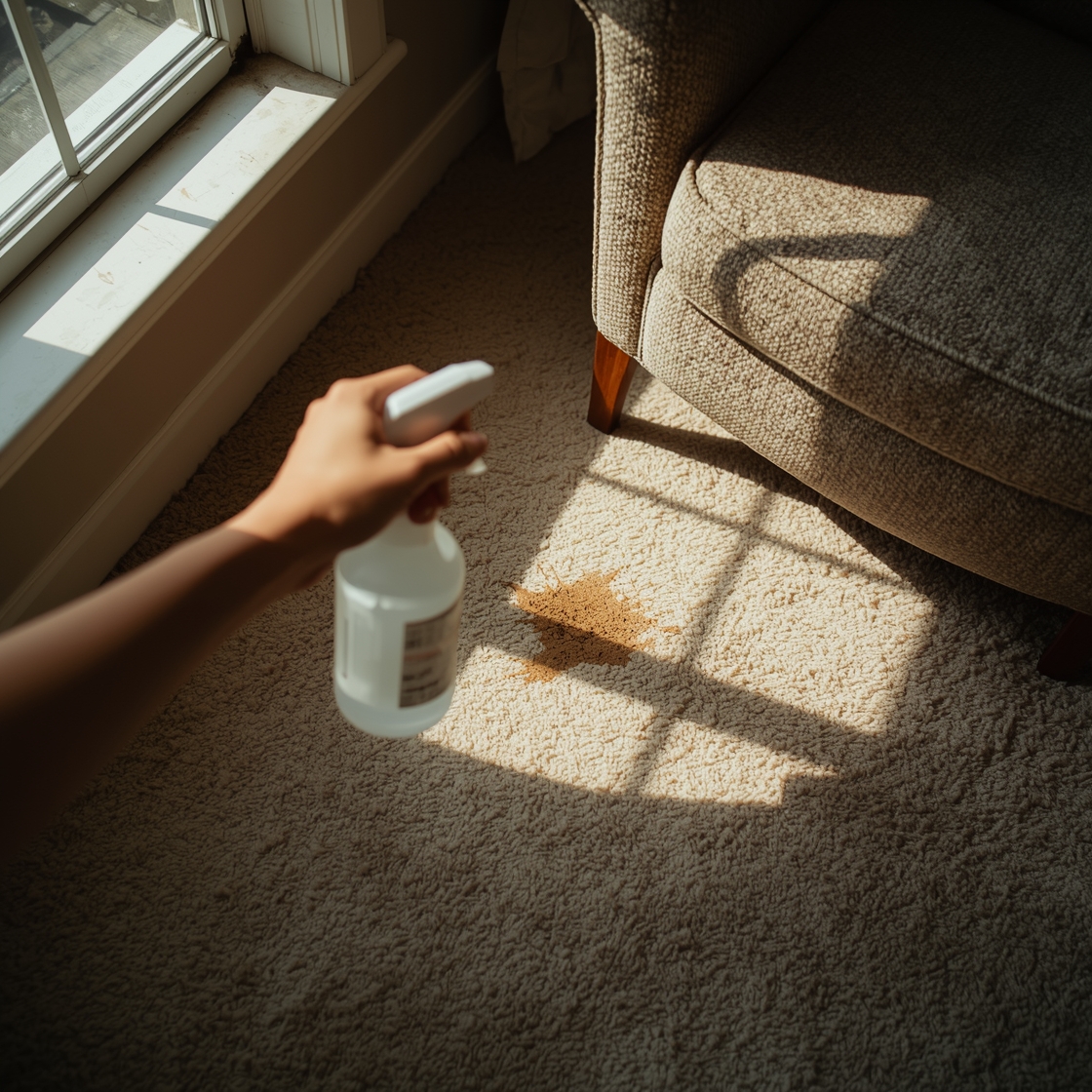 hand holding enzymatic cleaner spray bottle on carpet