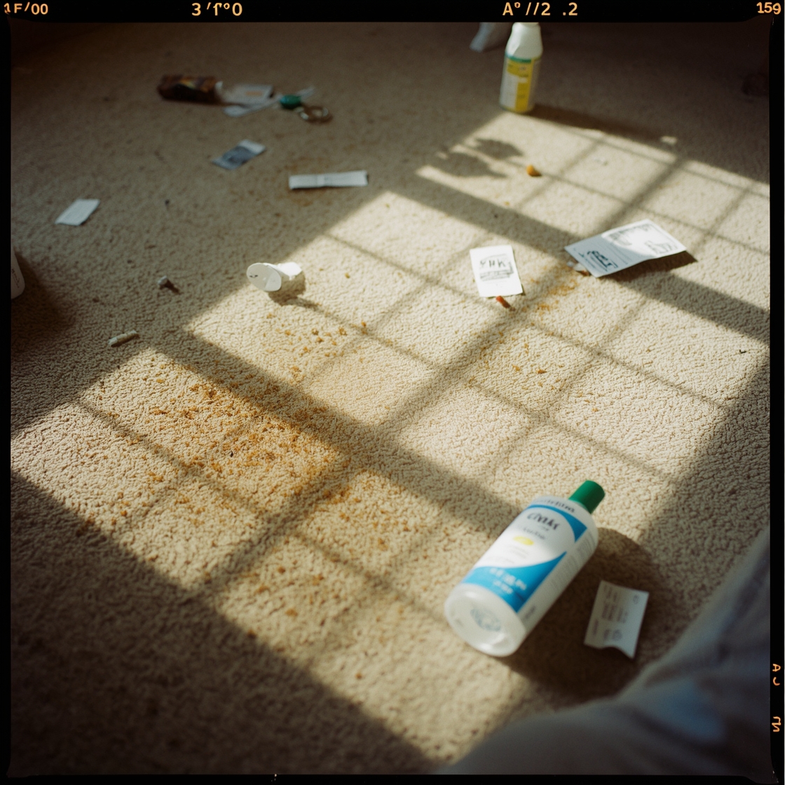 Enzymatic cleaner bottles on a messy living room floor with pet stains