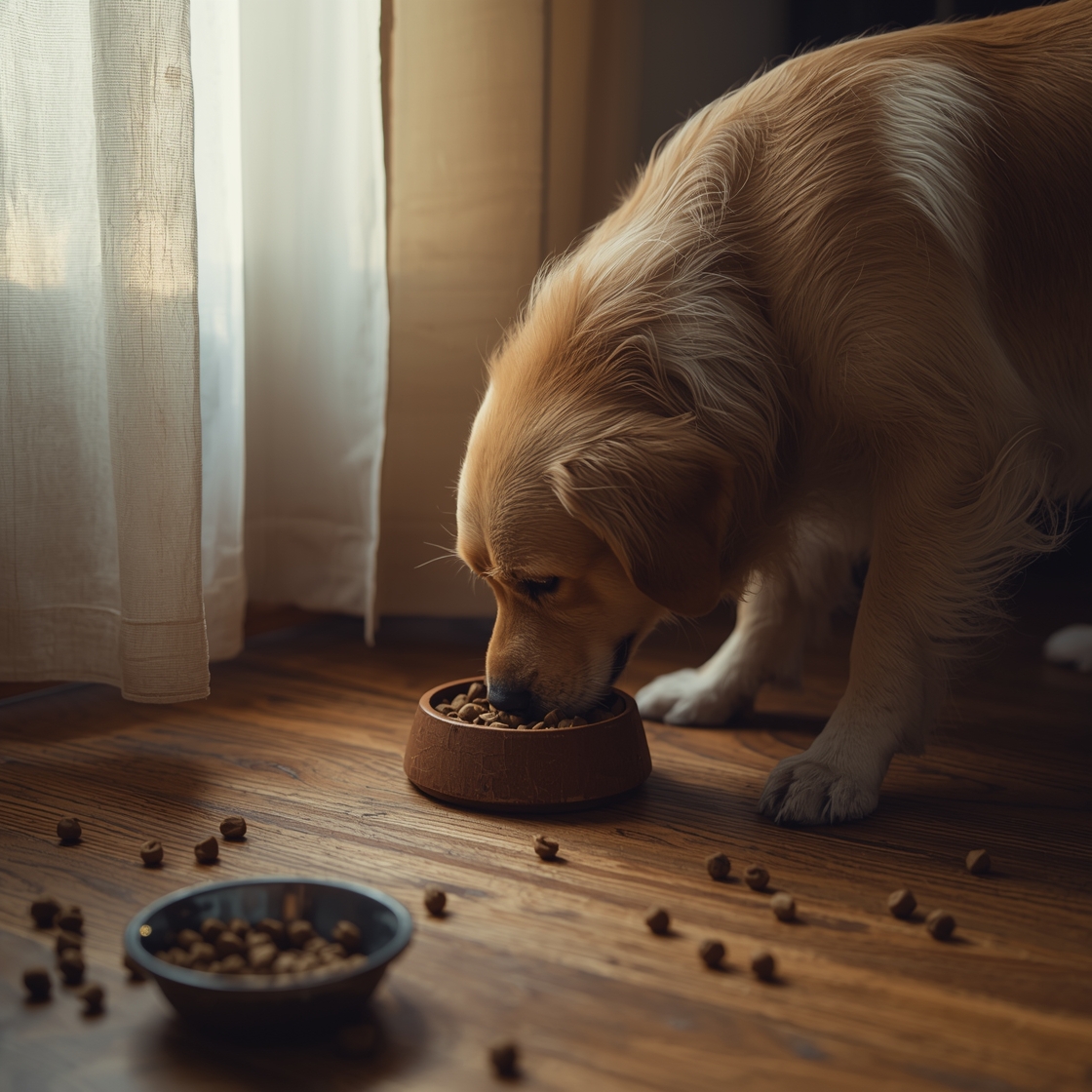 Senior golden retriever eating wet dog food from ceramic bowl